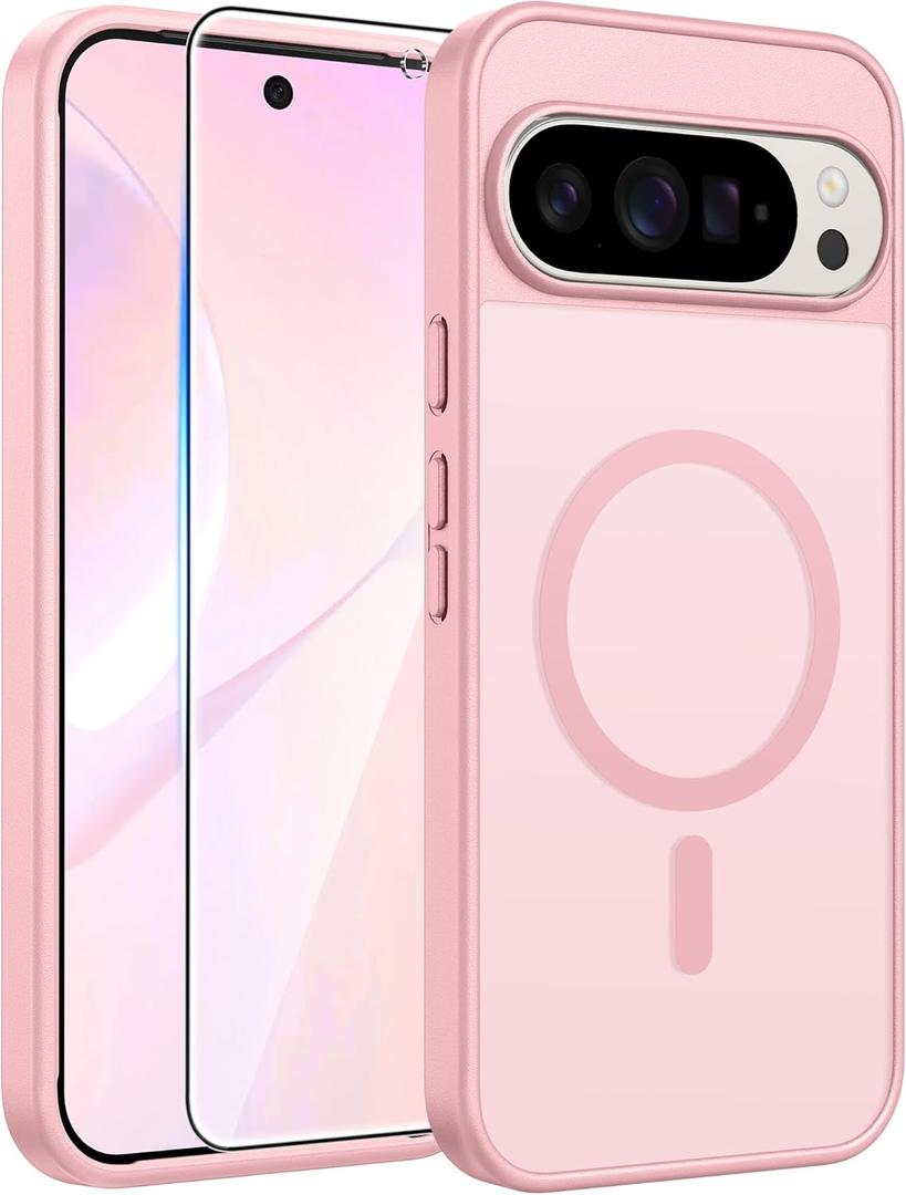 FNTCASE for Google Pixel 10 Pro XL Case: for Pixel 9 Pro XL Case [Fit for Magsafe] Translucent Matte [with Screen Protector] Military Grade Shockproof Protective Magnetic Phone Cover (6.8inch - Pink)