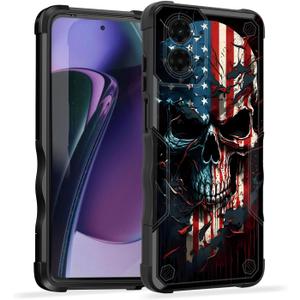 For Moto G Play 4G 2024 Case,[Dual Layer][10 FT Military Grade Drop Protection] [Non-Slip] Heavy Duty Shockproof Case for Motorola Moto G Play 4G 2024 6.5",Skull American Flag