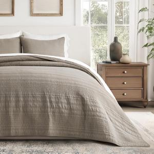 EVERGRACEHOME 100% Cotton Quilt Set Oversized Cal King, Stone Taupe | Pre-Washed Soft Cotton, Striped Coverlet Bedspread, 3 Piece Lightweight Bedding Set for All Season, with 2 Pillow Shams