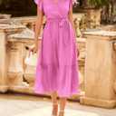 BTFBM Women Summer Bohemian Floral Casual Wrap V Neck Ruffle Cap Sleeveless Belt A-Line Pleated Hem Midi Sun Dress White (Pink, XL)