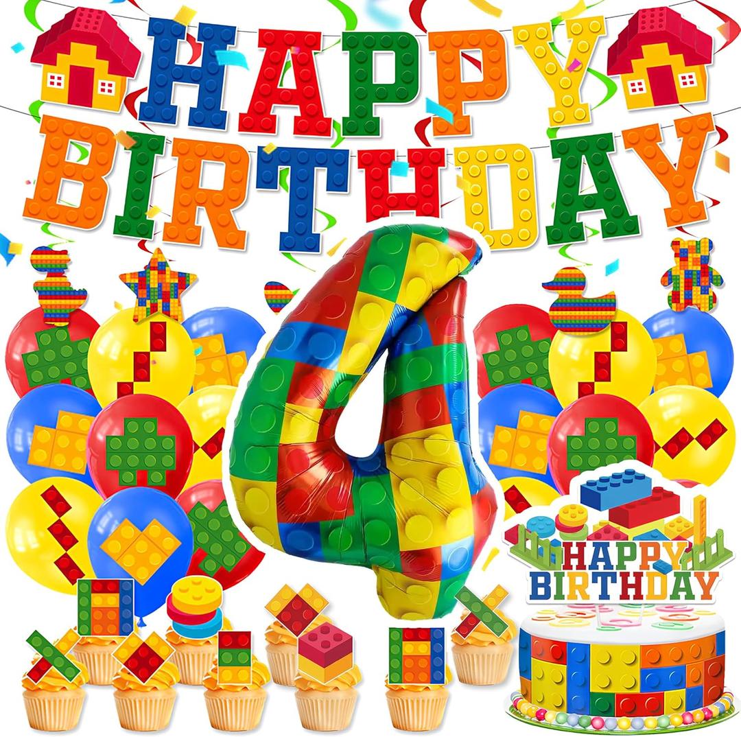 4th Birthday Decorations - Building Blocks Birthday Decorations 4 Year Old Boy  Party Kit: Number 4 Balloon, Banner, Cupcake & Cake Toppers, Balloons  Brick Theme Party Supplies for Boys 4 Years Old