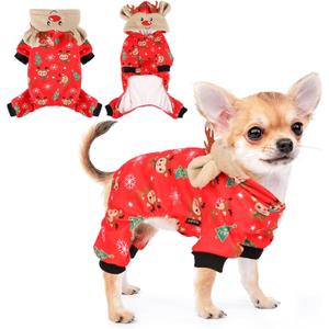 DaFuEn Dog Christmas Pajamas Reindeer Costume Puppy Hoodie Sweatshirts Xmas Cute Elk Pet Clothes for Small Dogs New Year Holiday Winter Warm Cats Jumpsuit Outfits Apparel (Small, Red)