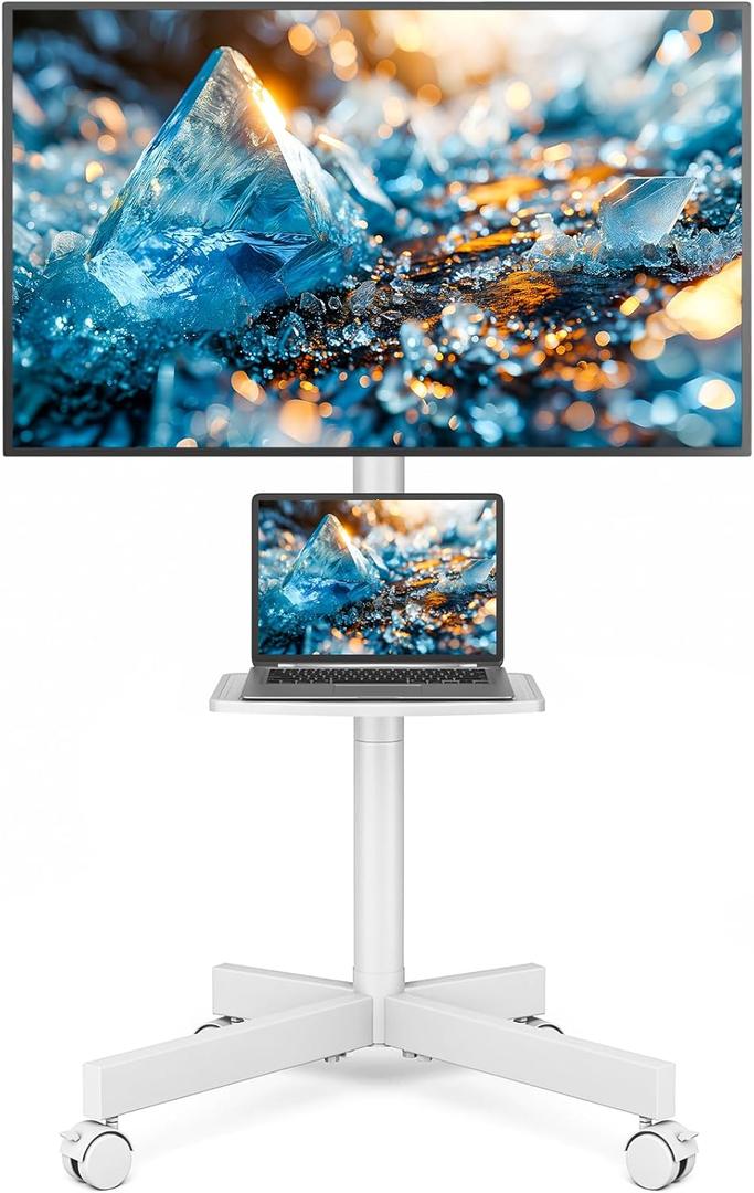 Rolling TV Stand with Shelf for 23-65/32-85 inch TVs up to 88lbs, Portable Mobile TV Cart with Silent Wheel, Tilt & Height Adjustable Universal Corner TV Stand for Bedroom, Living Room (White, 23-65")