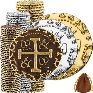 Large Pirate Coins - 102 Bronze, Silver & Gold Treasure Coin Set - Metal Replica Spanish Doubloons for Pirate Party Decorations & Favors, Tokens, Cosplay - Pirate Treasure Chest - Mixed Sizes