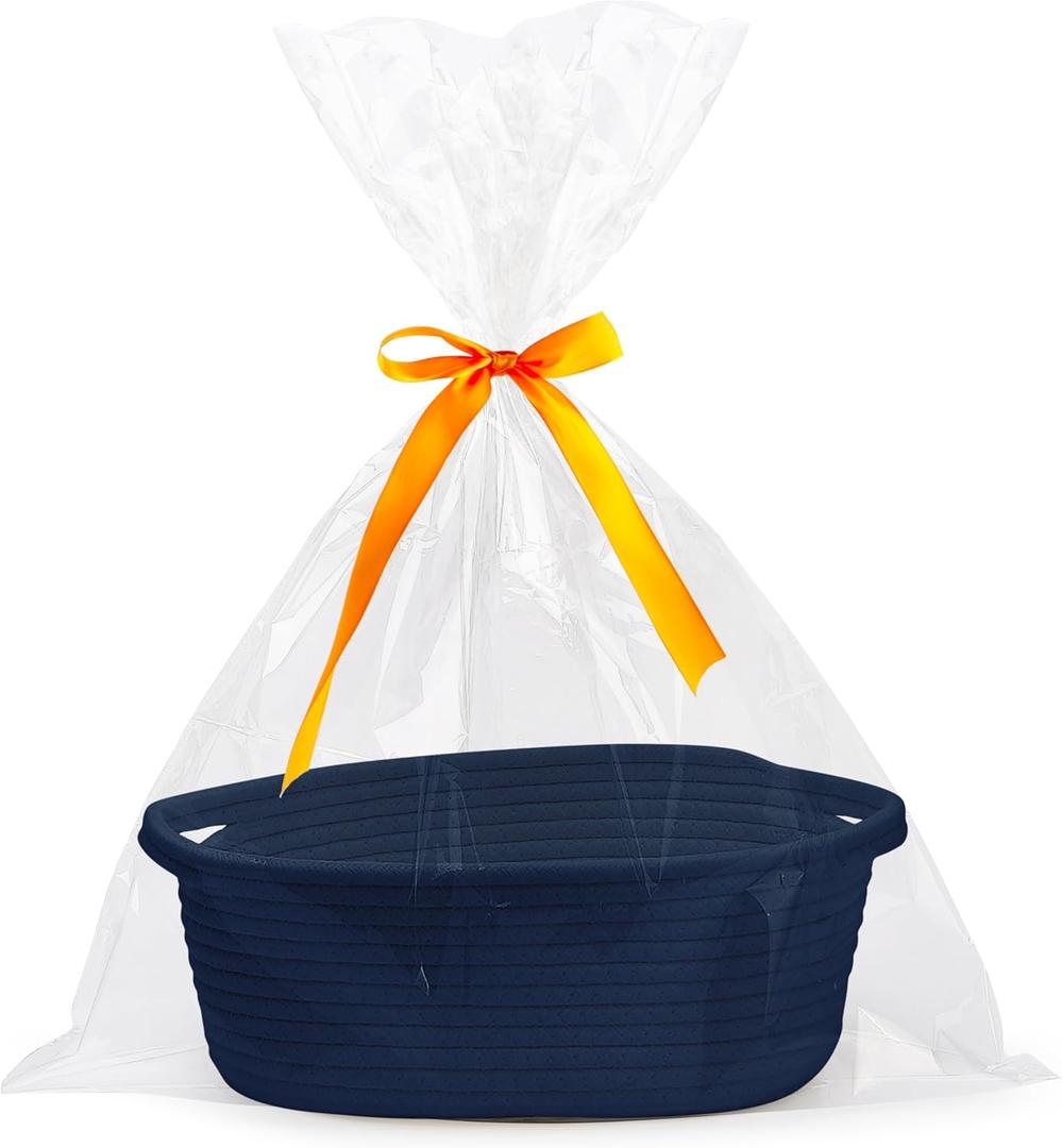 Pro Goleem Small Woven Basket with Gift Bags and Ribbons Durable Baskets for Gifts Empty Small Rope Basket for Storage 12"X 8" X 5" Baby Toy Baskets with Handles, Navy Blue
