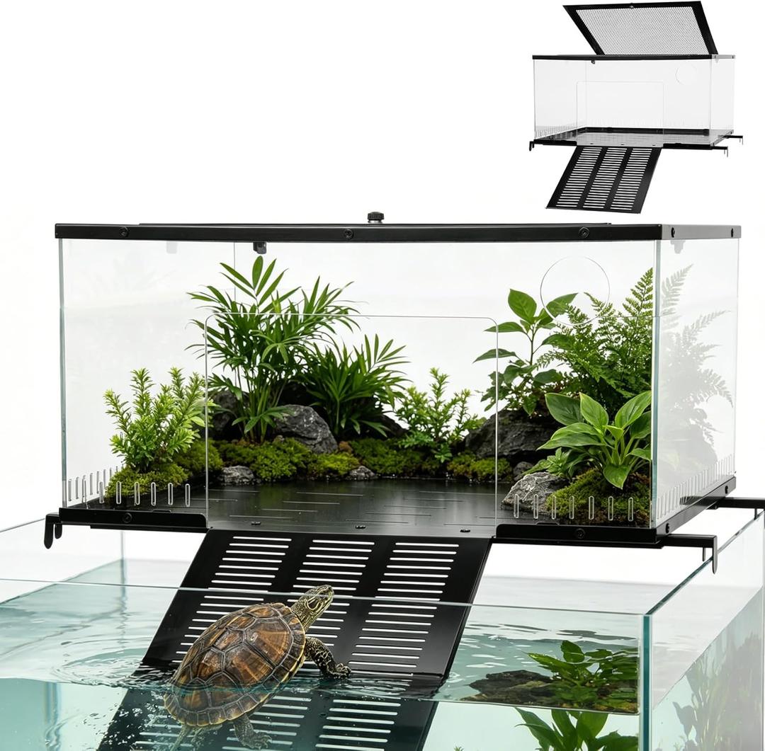 Brobear Above Tank Turtle Basking Platform 75 Gallons Acrylic Large Turtle Basking Platform, Fits 18-20" Wide Aquariums, Anti-Rust & Safe for Red-Eared Sliders, Easy to Install Escape-Proof Design