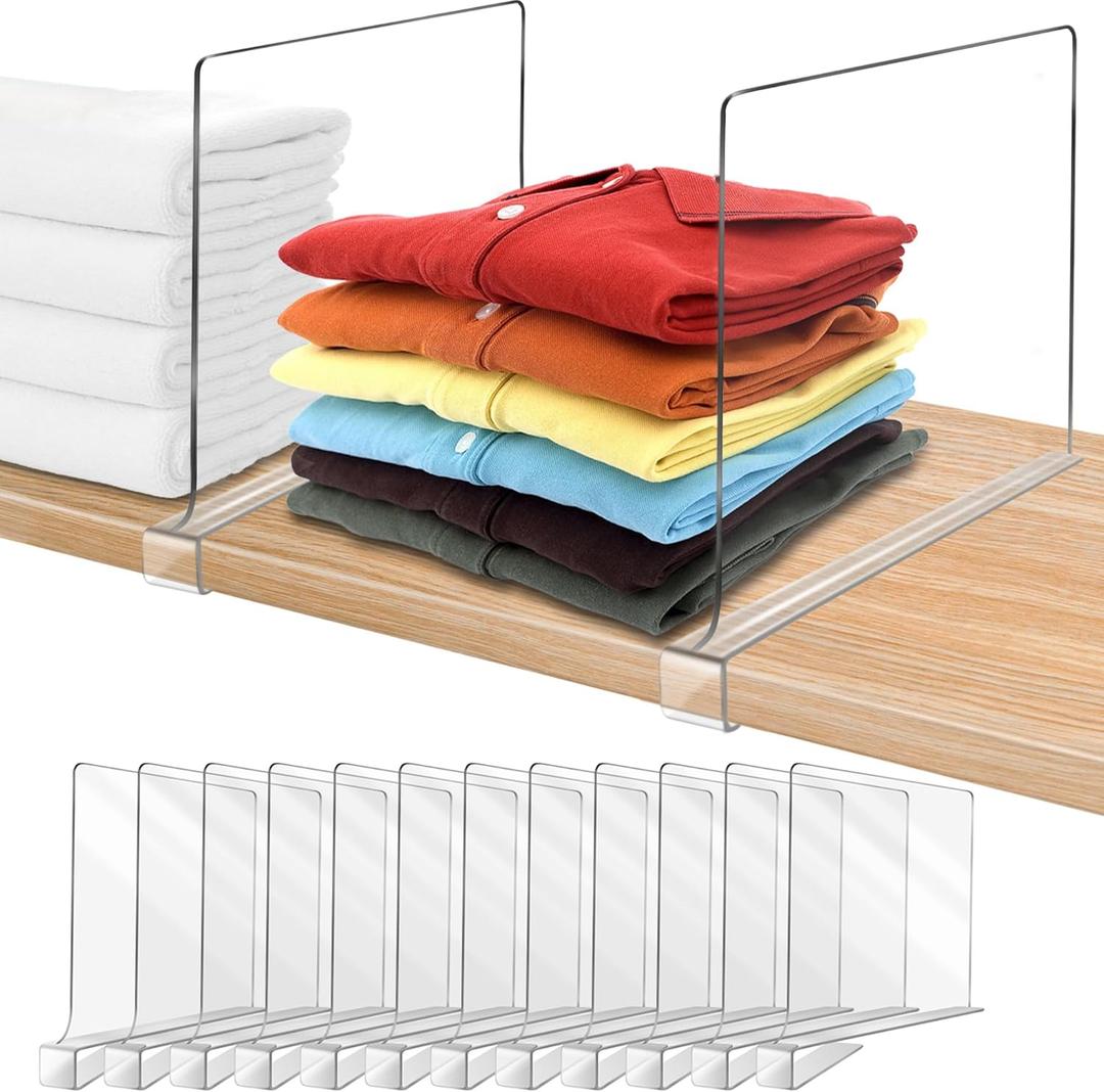 12 Inches Shelf Dividers for Closet Organization and Storage, 12 Pack Vertical Purse Organizer for Closet Adjustable Acrylic Bookshelf for Organization, Perfect for Sweater Shirts Handbags in Bedroom (Clear (12 Inches Tall, Higher Style))