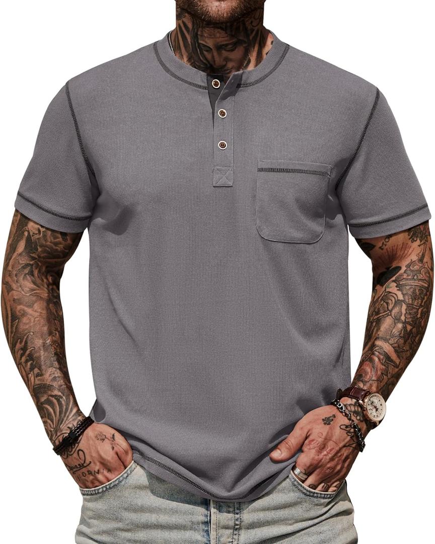 Mens Henley Shirts Casual Waffle Stretch Summer T-Shirt with Pocket (S-XXL) (Gray, S)