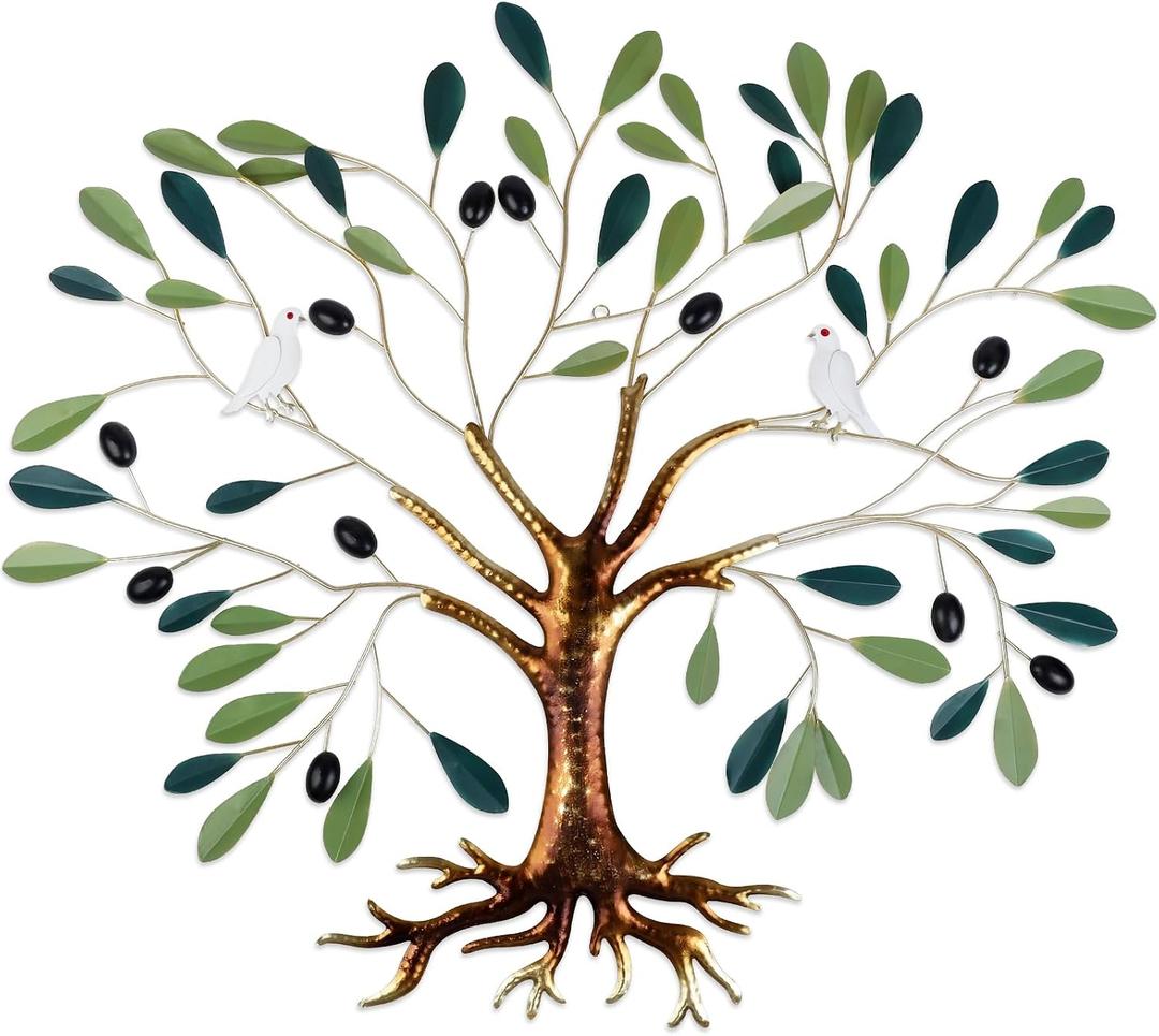 Fangoo Metal Green Olive Tree Metal Wall Art Tree of Life Home Decor with Dove of Peace 22 x 26 Large Olive Branches Lifelike Fruits Wall Hanging for Living Bedroom Garden Porch Office Wall Decor