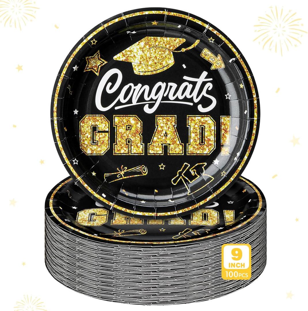 Sabary Black 100 Pcs 2026 Graduation Paper Dessert Plates Bulk 9 Inch Graduation Party Supplies Plates Class of 2026 Decorations Congrats Grad Plate Disposable Tableware (Classic)