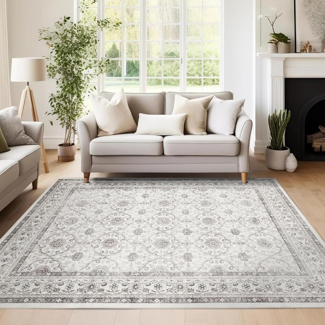 Jinchan Floral Area Rugs 4x6 - Machine Washable Vintage Distressed Boho Design Throw Rug Stain Resistant Carpet Low Pile Ultra-Thin Non-Slip for Bedroom Living Room Dining Room Kitchen (4x6', Beige)