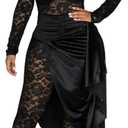 Women's Lace See Through Jumpsuit Bodycon Sexy Club Outfits Long Sleeve Pleated High Split Midi Skirt One Piece Set (Black, L)