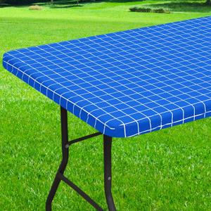 Rectangle Vinyl Table Cloth 24x48, Waterproof Elastic Fitted Tablecloth with Flannel Backing, Plastic Table Cover for Picnic, Camping, Outdoor, Blue
