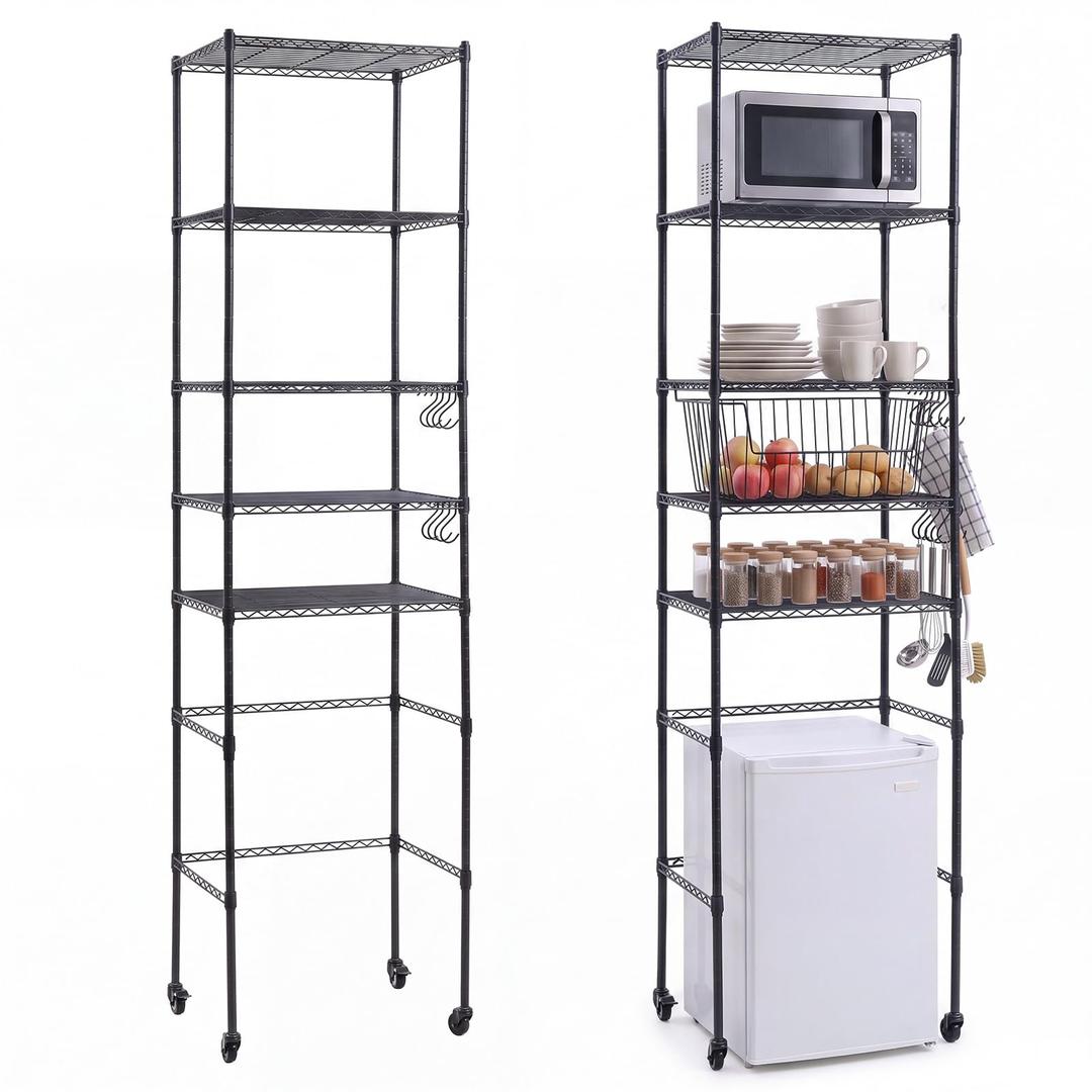 5 Tier Over The Fridge Shelf for Dorm Wheels 8 Hooks and 5 PVC Pads Black