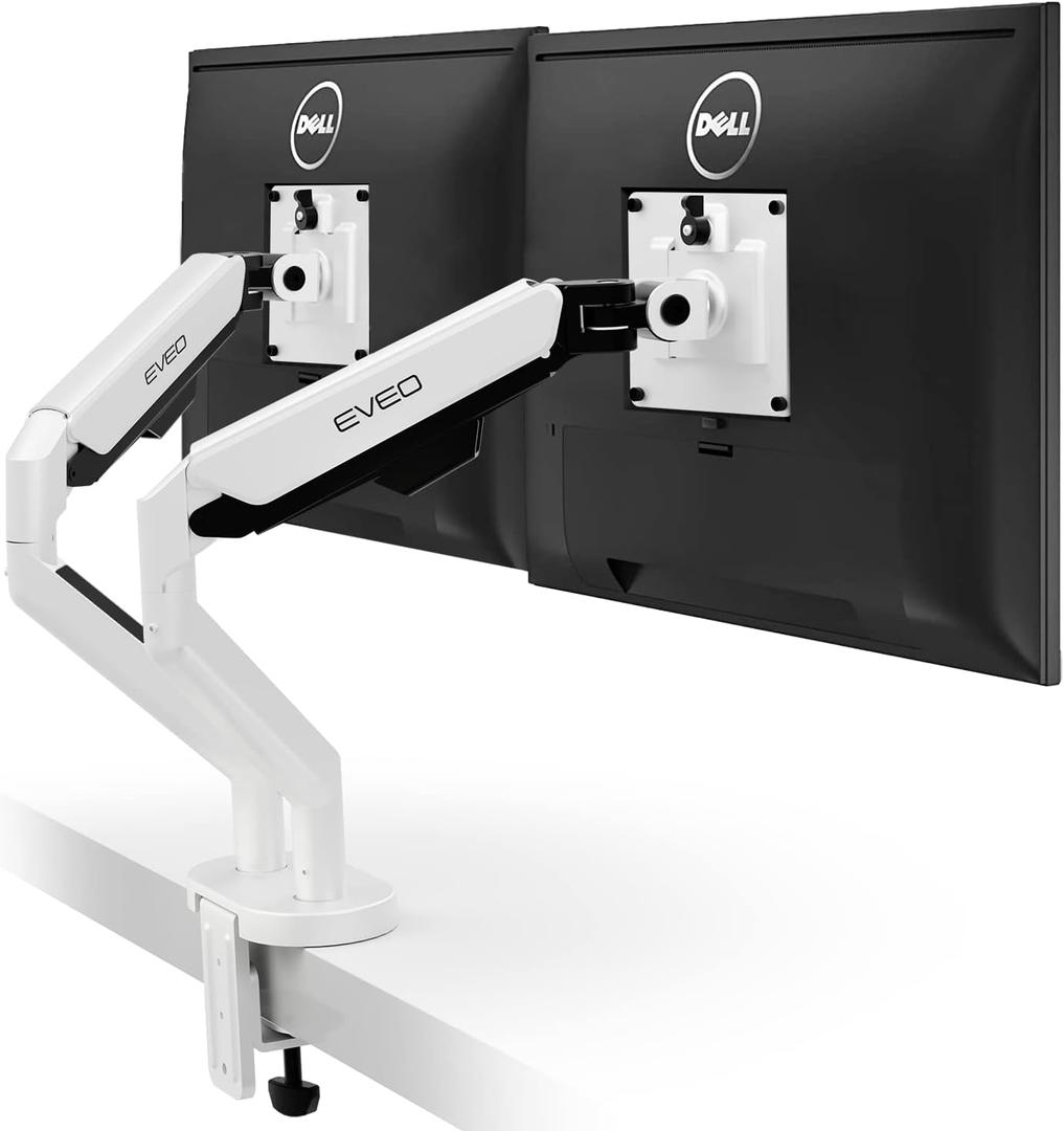 EVEO Premium Dual Monitor Mount 14"-35 Dual Monitor Arm VESA Bracket Adjustable Height Gas Spring Dual Monitor Stand, Screen Full Motion Dual Monitor Arm-Computer Monitor Stand for 2 Screens - White
