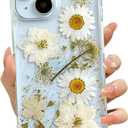 for iPhone 13 / iPhone 14/ iPhone 15 Clear Case with Pressed Real Flowers Design,Glitter Cute White Floral Pattern Soft TPU Protective Women Girl's Phone Cover for iPhone 13/14/15