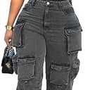 LKOUS Women's Y2K Baggy Straight Wide Leg Cargo Jeans, Streetwear High Waisted Denim Pant Size L