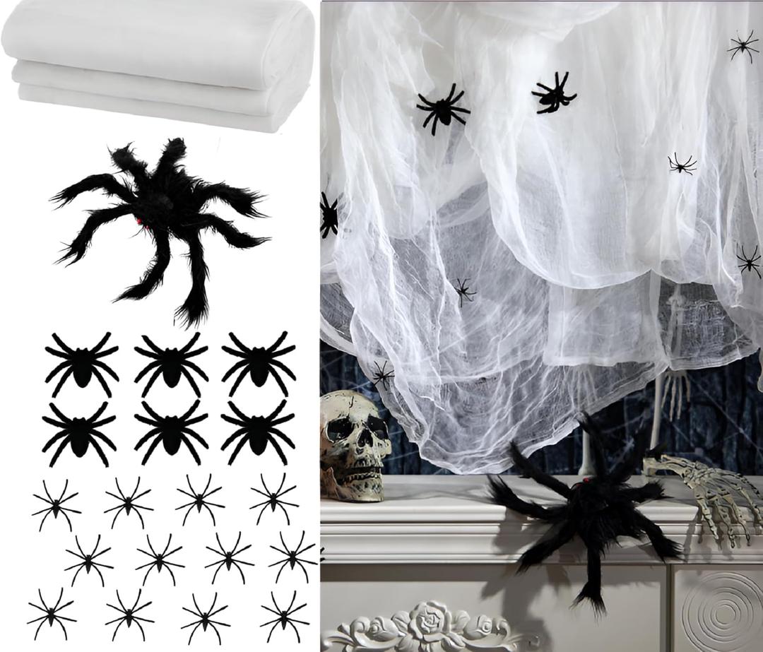 20 Pcs Halloween Creepy Cloth with Black Fake Spiders Realistic Large Spider Web Decoration Scary Props for Haunted Horror Yard Window Doorway Outdoor Halloween Themed Decorations(White)