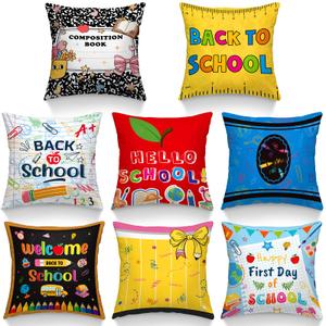 8 Pcs Back to School Throw Pillow Covers 18x18 Inch Composition Notebook Pillow Cases Classroom Pillowcases Decor Colorful Pencil Decorative Pillowcases for First Day Classroom Reading Corner Decor