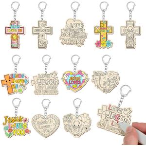 Trnayi 36 Pcs Christian Unfinished Crafts Color Your Own Jesus Loves Me Religious Keychains Wood DIY Coloring Crafts Gifts for Religious Painting DIY Arts Project Decoration
