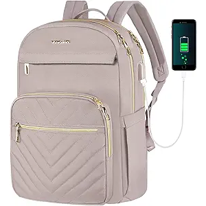 VANKEAN 15.6 Inch Laptop Backpack for Women Work Bag Fashion with USB Port, Waterproof Stylish Travel Bags Casual Daypacks for College, Business, Light Dusty Pink