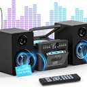 Greadio Stereo System for Home with Boombox CD and Cassette Player Combo, 40W Home Stereo System with Bluetooth, FM Radio/USB/TF/AUX/Remote Control, Detachable Wooden Bookshelf Speakers (Black)