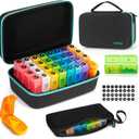 Monthly Pill Organizer 2 Times a Day with Weekly Pill Bag, 30 Day Pill Organizer 2 Times a Day with Large 32 Compartments, Monthly Stickers, Pill Cutter, Hard Travel Case Medicine Vitamins Case