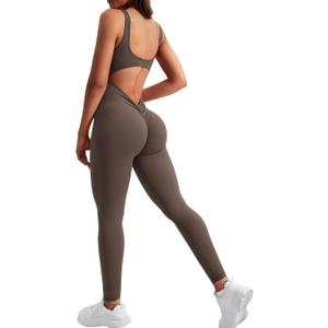 YEOREO Sleeveless Jumpsuits for Women Sexy Backless Gym Bodycon Lizvette V Back Scrunch Butt Rompers (Small, Coffee)