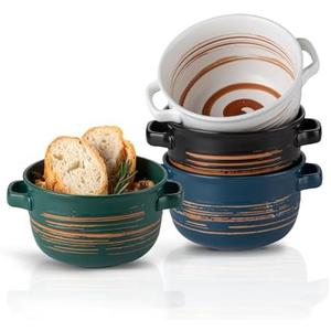 YUN TAO French Onion Soup Bowls with Handles, Ceramic Soup Serving Bowl Crocks 32 Ounces for Cereal,Ramen,Chilli, Beef Stew, Pot Pies, Oven Safe, Set of 4