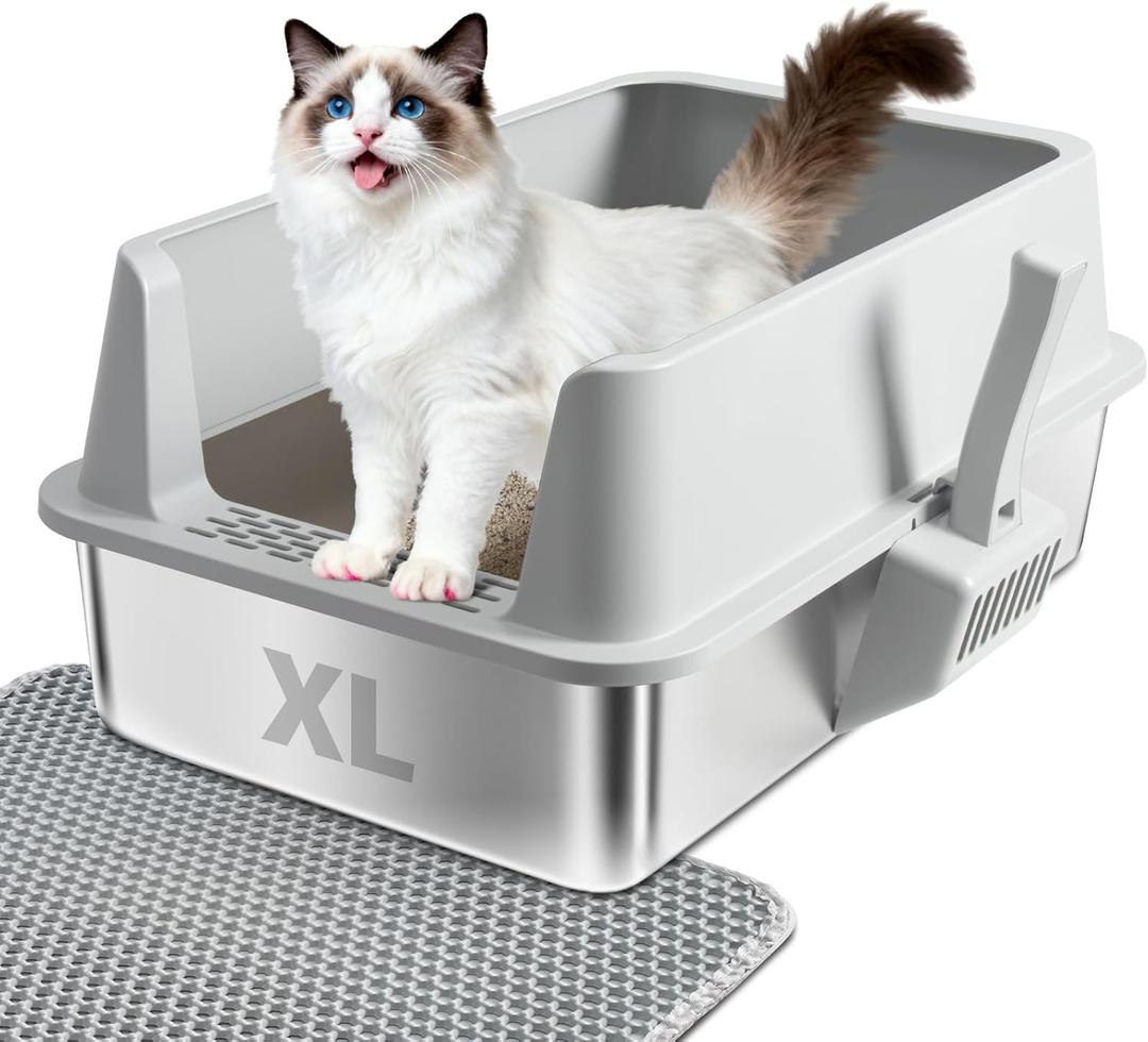 Stainless Steel Cat Litter Box, L to XL Cat Litter Box with Lid for Big Cat, Large Metal Litterbox with High SideNon-Stick, Odor-Resist, Anti-Urine Leakage, Easy-Clean, Includes Mat & Scoop