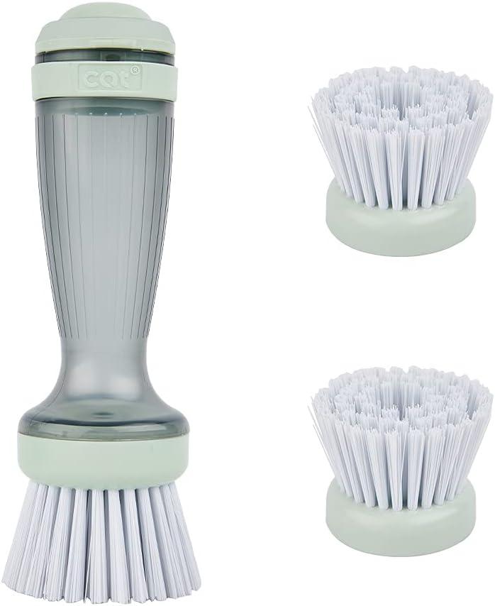 CQT Dish Brush with Soap Dispenser for Dishes, Kitchen Sink, Pot, Pan Scrubbing, 1 Brush 2 Refills (Green)