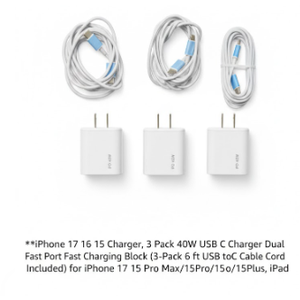 iPhone 17 16 15 Charger, 3 Pack 40W USB C Charger Dual Port Fast Charging Block (3
-Pack 6 ft USB C to C Cable Cord Included) for iPhone 17 16 15 Pro Max/15Pro/15/15Plus,iPad