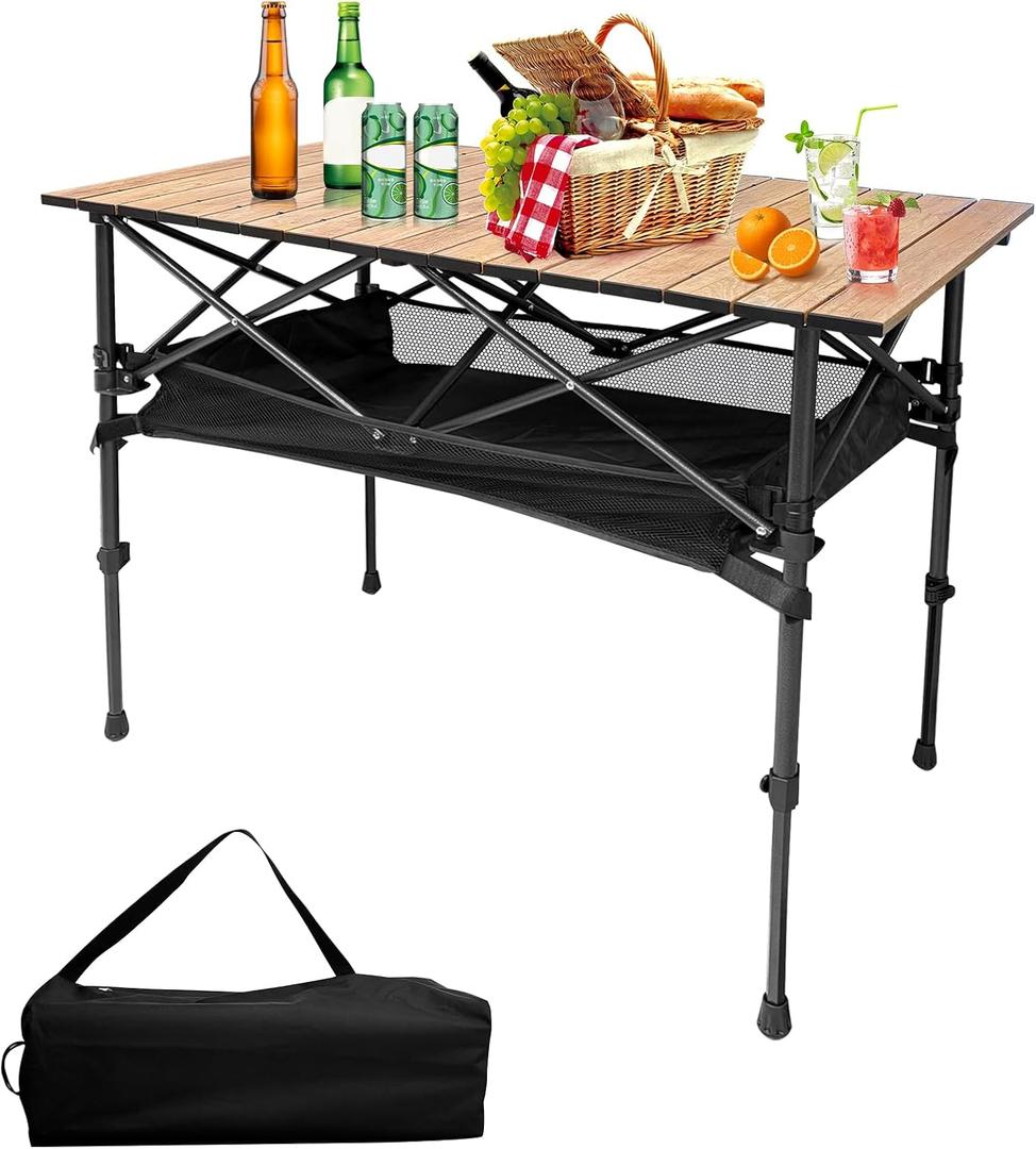 Portable Outdoor Roll-Up Aluminum Camping Table, Adjustable Height Foldable Camp Table with Storage Food Bag, Large for 2-4 People, Outdoor Use for Camping Picnic BBQ, Support Up to 110 Lbs
