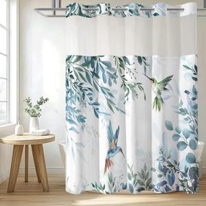 No Hook Shower Curtain with Snap in Liner Set, Blue Hummingbird Eucalyptus Design, Waterproof Fabric Floral Shower Curtains for Bathroom Decor with See Through Mesh Top Window 71x74 Inch