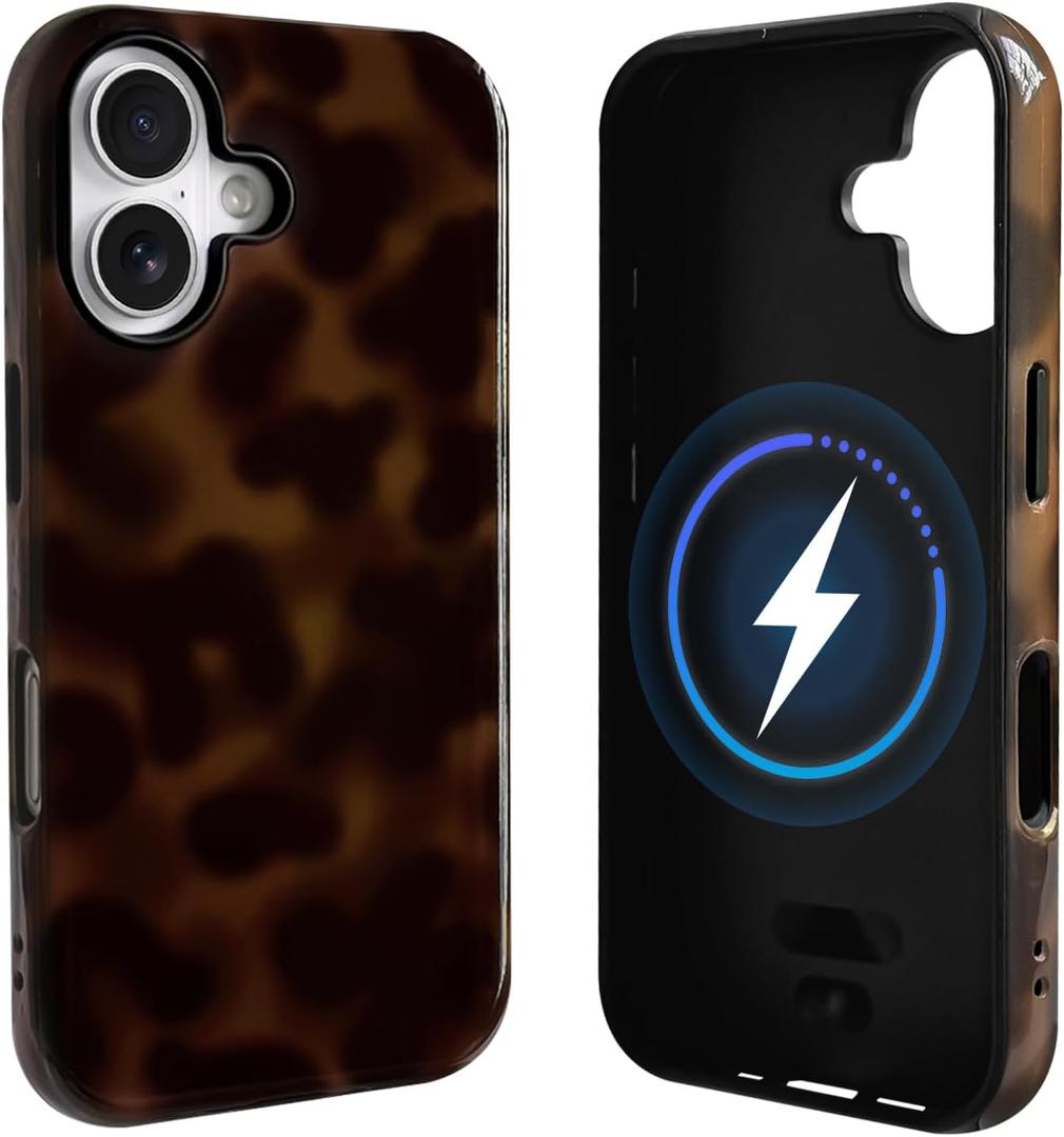 NITITOP Compatible with iPhone 16 Plus Case Magnetic Compatible with MagSafe Cute Amber Leopard Aesthetic Tortoise Design for Women Men Girls Soft TPU Shockproof Protective Cover - Brown2
