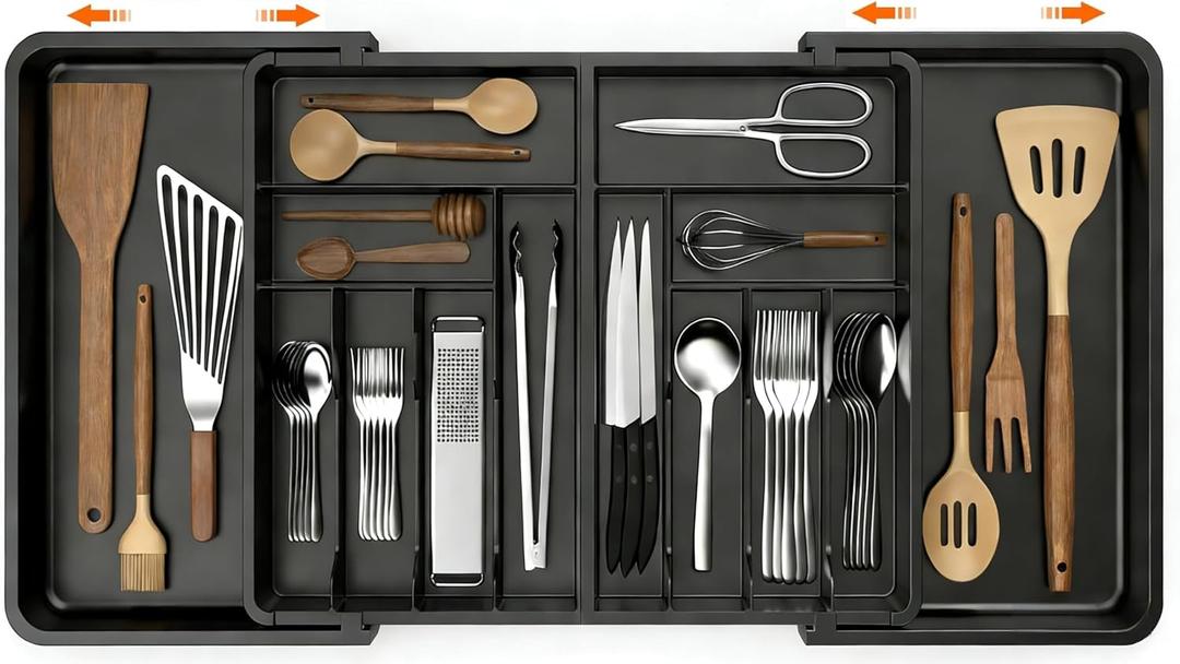 Utensil Organizer for Kitchen Drawer, Expandable Cooking Silverware Tray,Large Silverware Drawer OrganizerPlastic Spatula Tools Storage Divider, 21.6-38", Black