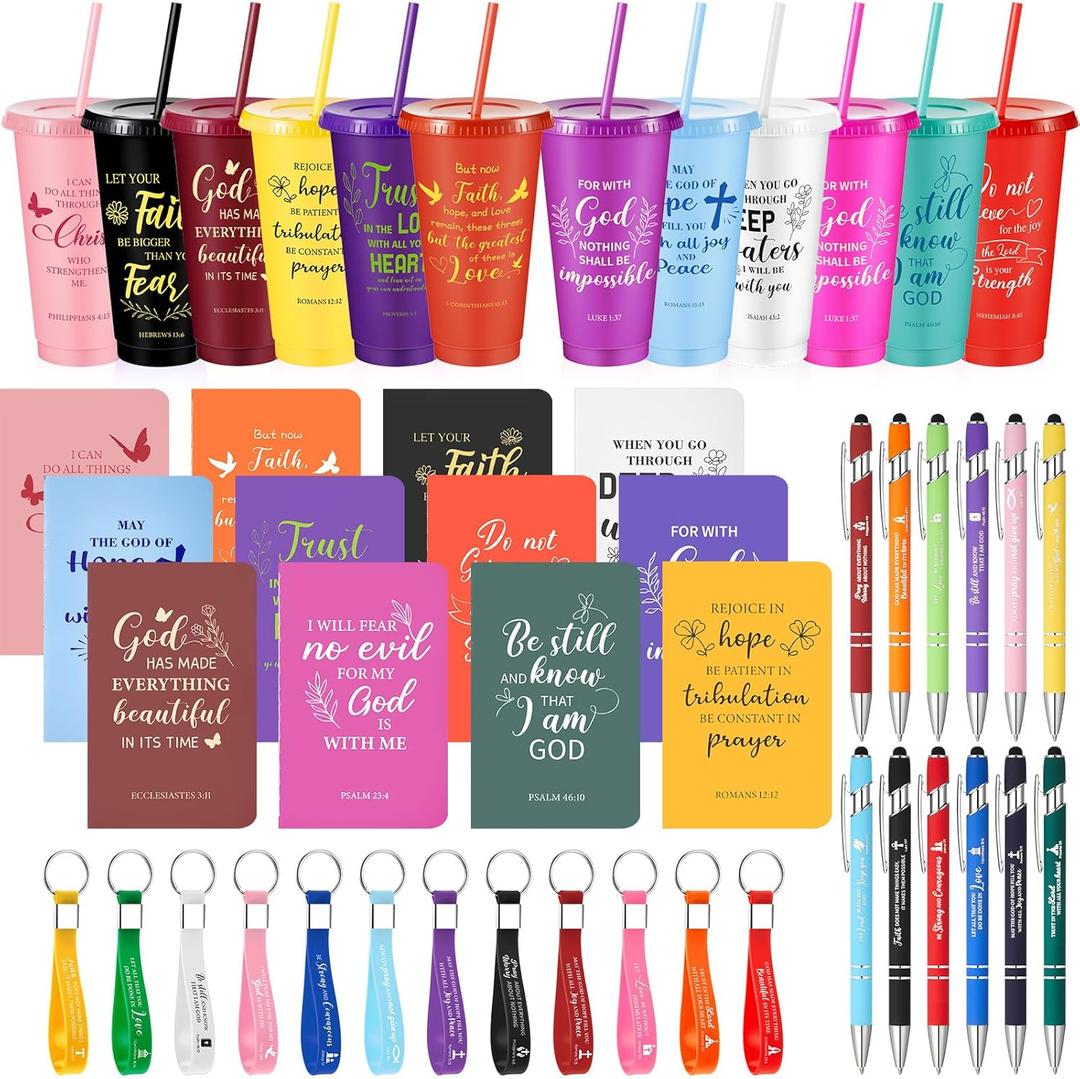 12 Set / 48 Pcs Christian Church Gifts Plastic Cups with Bible Verse Pens Keychains Notebooks for Women Men Volunteer Christian Party Gifts (Colorful)