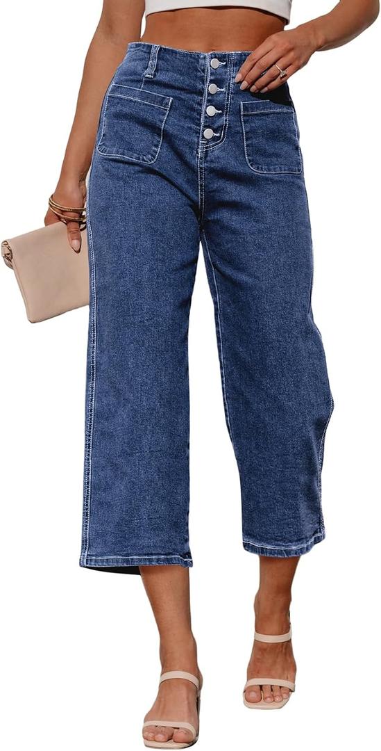 Sidefeel Women's Capri Pants Trendy Wide Leg Jeans High Waisted Stretchy Loose Cropped Denim Pants (10, Dark Blue)