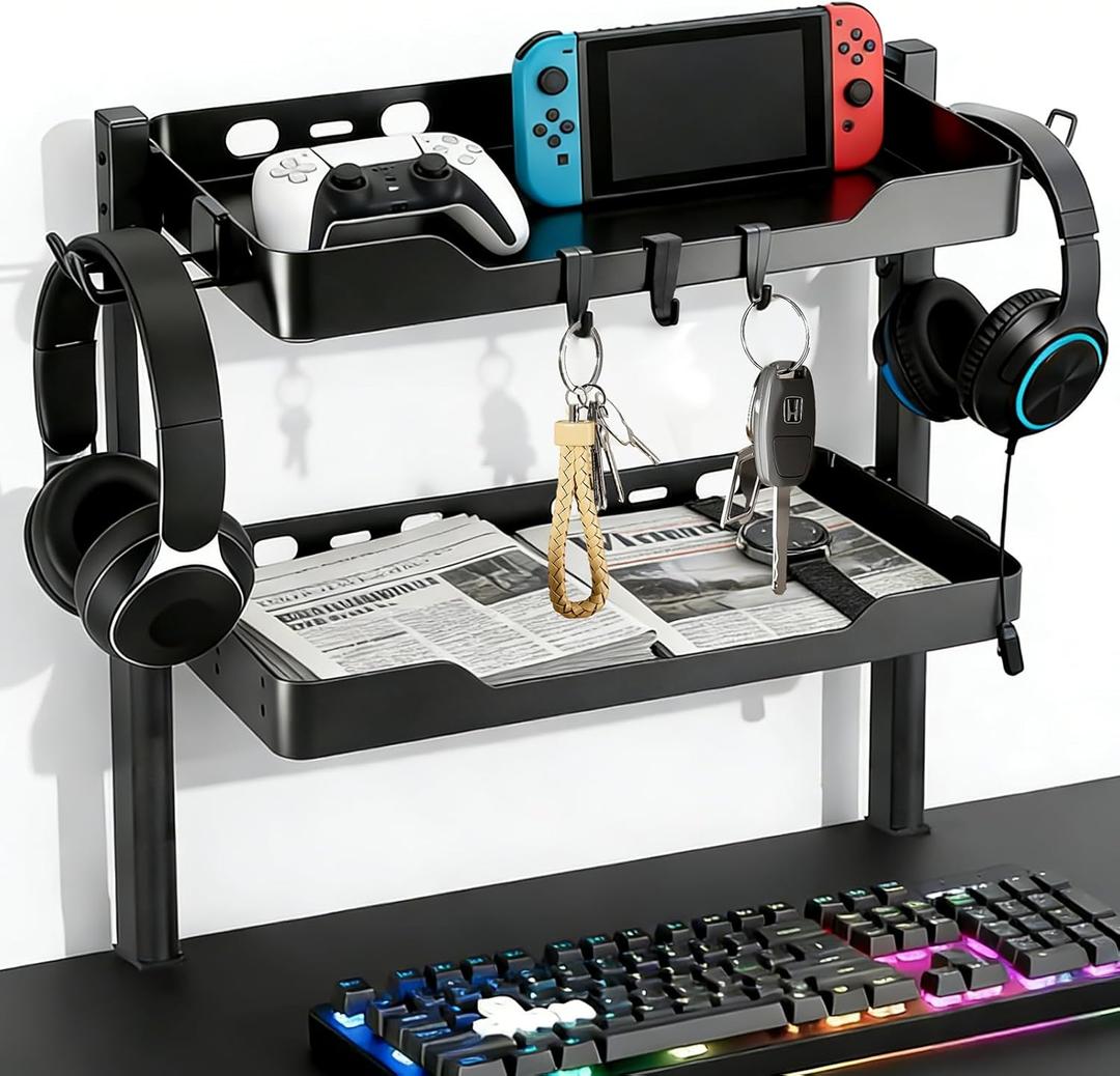 2-Tier Clamp on Desk Shelf, Dual-purpose Desk Organizer (Used on or Under Desk Storage), Desk Shelf Clamp with Hooks and High Load-bearing capacity, Suitable for Office Desk, Gaming Accessories