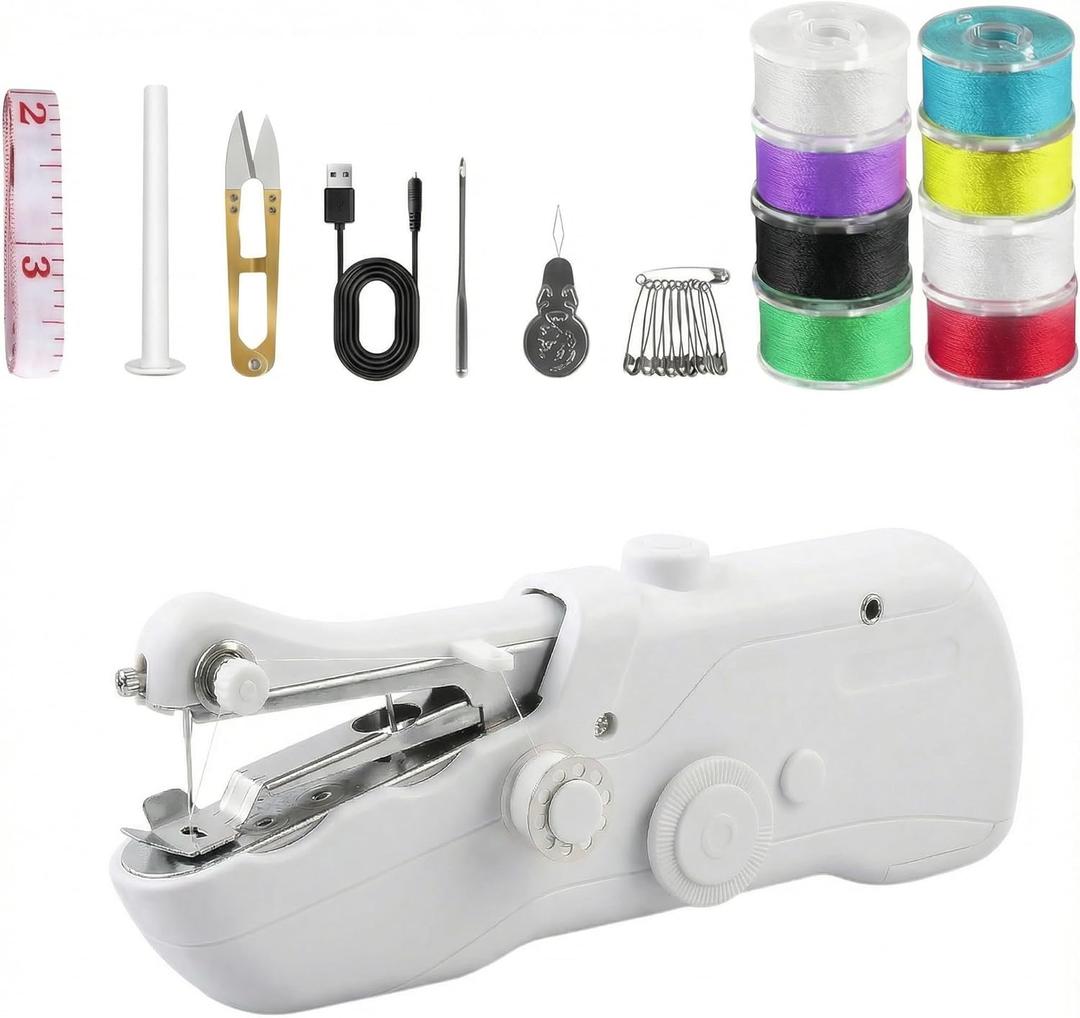 Portable Handheld Sewing Machine for Adults - Mini Hand Held Sewing Stitching Machine for Beginners - Small Electric Cordless for Quick Fabric Home Travel Clothes Pants DIY Fabric Denim (White)