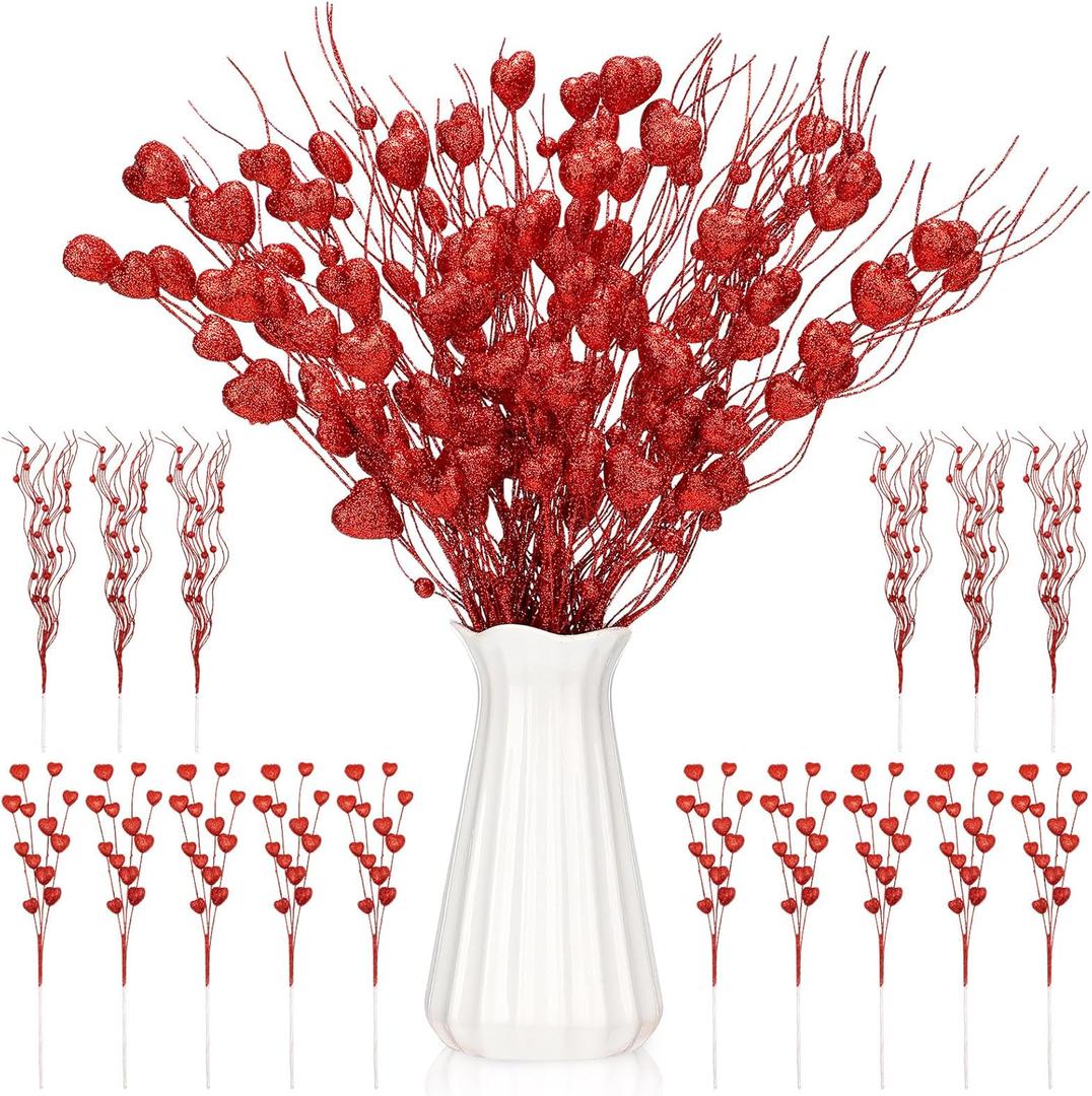 16 Pcs 17 Inch Valentine's Day Decorations Valentines Glitter Heart Picks Red Heart Foam Stems Valentines Tree Ornaments for Tree Topper Wedding Anniversary Vase Decor