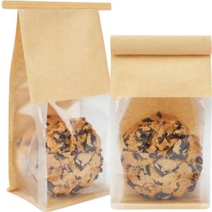 100 Pack Cookie Packaging Bags, 3.9x3.1x8.2 Inches Small Bakery Bags with Window Tin Tie Tab Lock Resealable Paper Treat Bag for Baked Goods Gift Giving and Bake Sale | Thick Material, Grease Resistant, Self Standing
