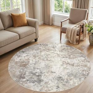 6ft Round Area Rug Living Room Rugs - 6x6 Washable Neutral Modern Abstract Soft Thin Rug Indoor Floor No Slip Rug Carpet for Bedroom Under Dining Table Home Office Decor - Brown Grey