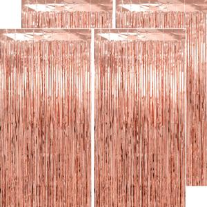 Thicken Rose Gold Streamers 4 Pack 3.2 x 8.2 FT, Tinsel Backdrop Curtains, Birthday Decorations for Women Girls, Foil Fringe Photo Backdrop for Bridal Shower, Baby Shower Party Decorations