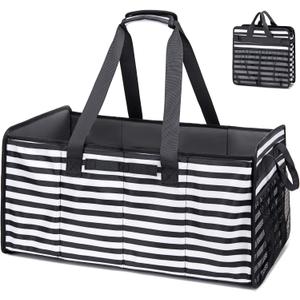 Muzale Extra Large Utility Tote Bag with Wire Frame Reusable Grocery Bags Foldable Heavy Duty Shopping Bags for Groceries Collapsible Totes with Handles for Carrying Heavy Loads Storage Car Trunk (BLACK-WHITE-STRIP)