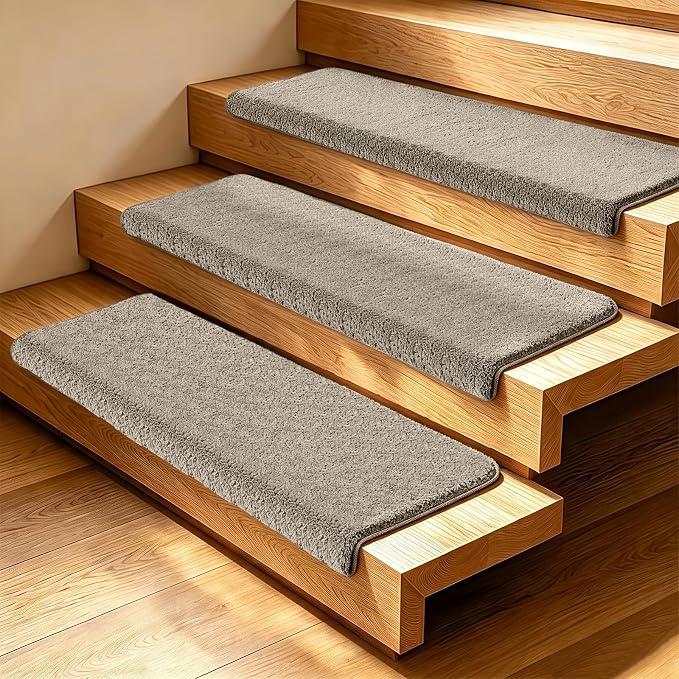Wellbuy  Carpet Stair Treads TPE Self Adhesive Stair Treads for Wooden Steps, Non Slip Carpet, Step Covers for Stairs for Kid Elder and Dog Beige Gray, Size: 30 X9.5 Inches (14 Pieces)