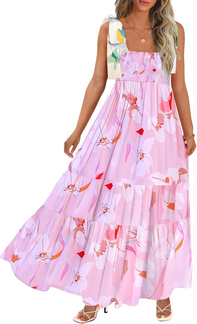 Women's Summer Maxi Dress Boho Spaghetti Straps Casual Long A-line Smocked Beach Dress Square Neck Flowy Sun Dress (Medium, Z-pale Pink)