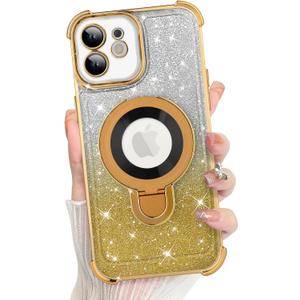 KANGHAR for iPhone 12 Case, Support for MagSafe [Four Corner Cushion Series] Kickstand Electroplate Edge Shockproof Durable Full Body Protection for Girls Women -Gold