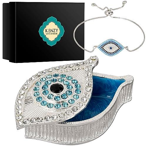 KENZY GIFTS Evil Eye Jewelry Box - Handmade Gold Keepsake Box rystals - Decorative Storage for Bracelets, Necklaces, Boho Home Decor