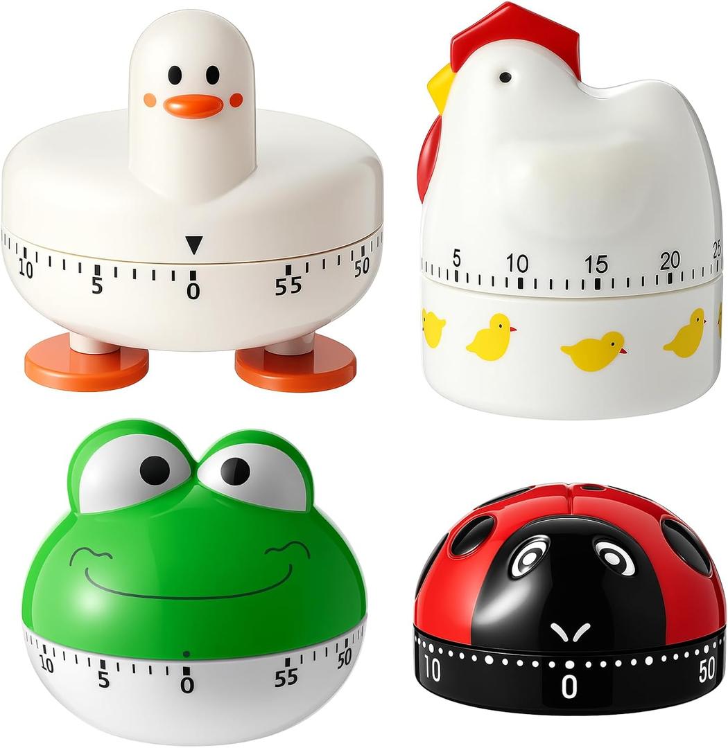 Amylove 4 Pieces Cute Kitchen Timer, Animal Mechanical Manual, Chick, Frog, Duck, Ladybug, 60 Minutes Loud Alarm Egg Windup Timer, for Adults Christmas Home Cooking Baking Fitness Beauty